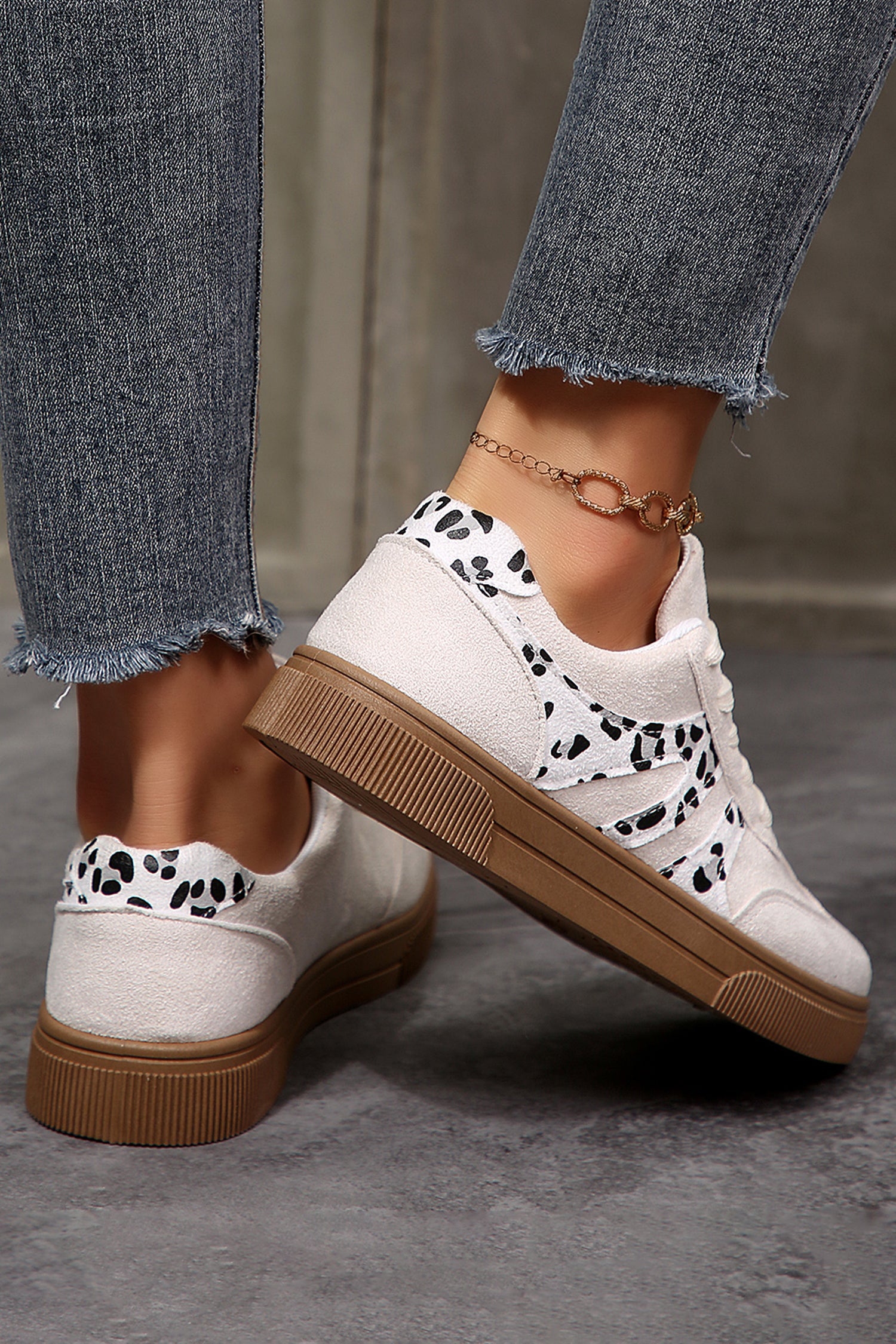 White Suede Leopard Color Block Trim Lace Up Casual Shoes