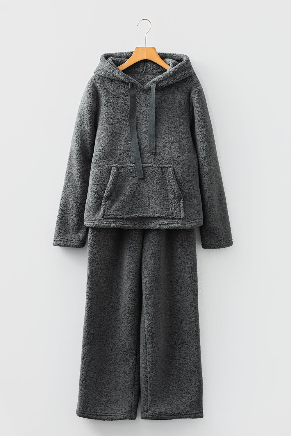 Medium Grey Fuzzy Drawstring Hoodie Lounge Pants 2pcs Set