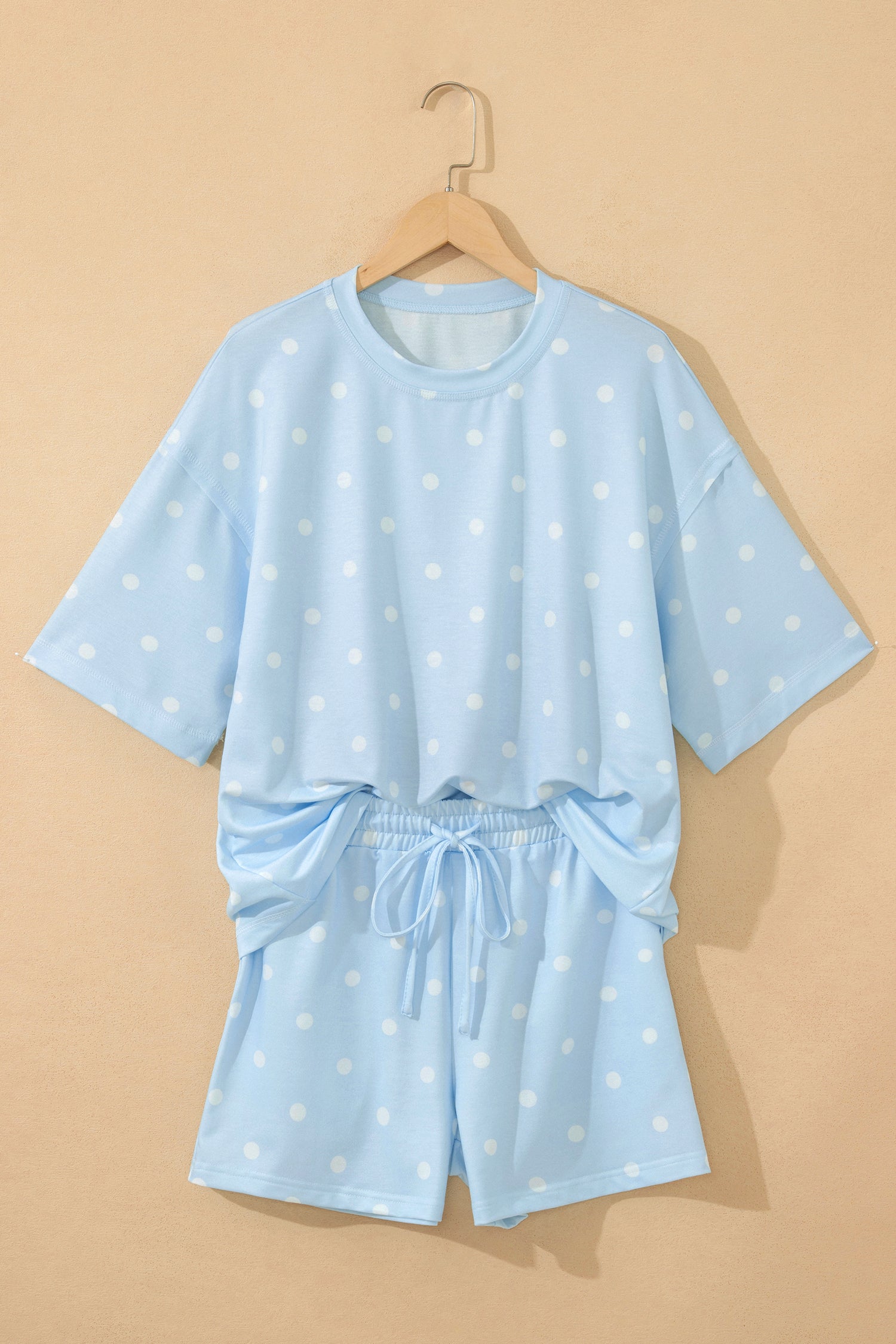 White Exposed Seam Detail Polka Dot Loose Tee Drawstring Shorts Set