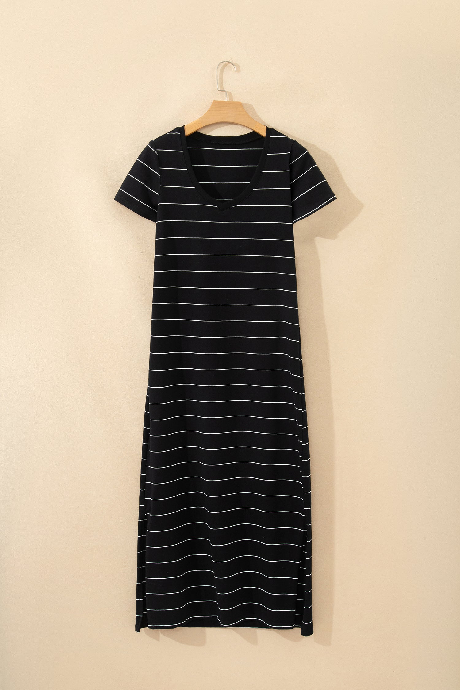 Khaki Stripe Casual Short Sleeve Side Slit Maxi T Shirt Dress