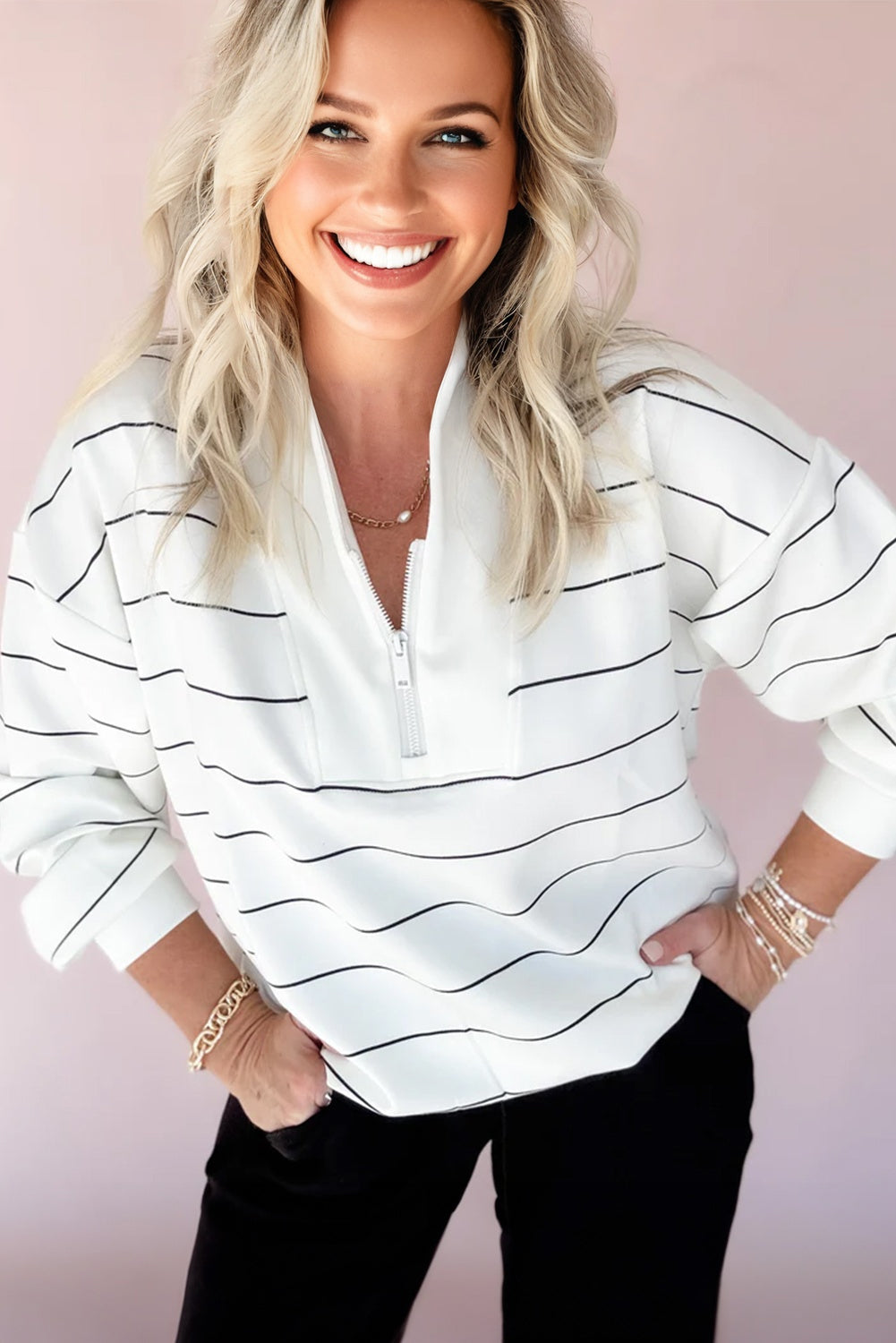White Zip V Neck Casual Stripe Print Drop Shoulder Long Sleeve Top