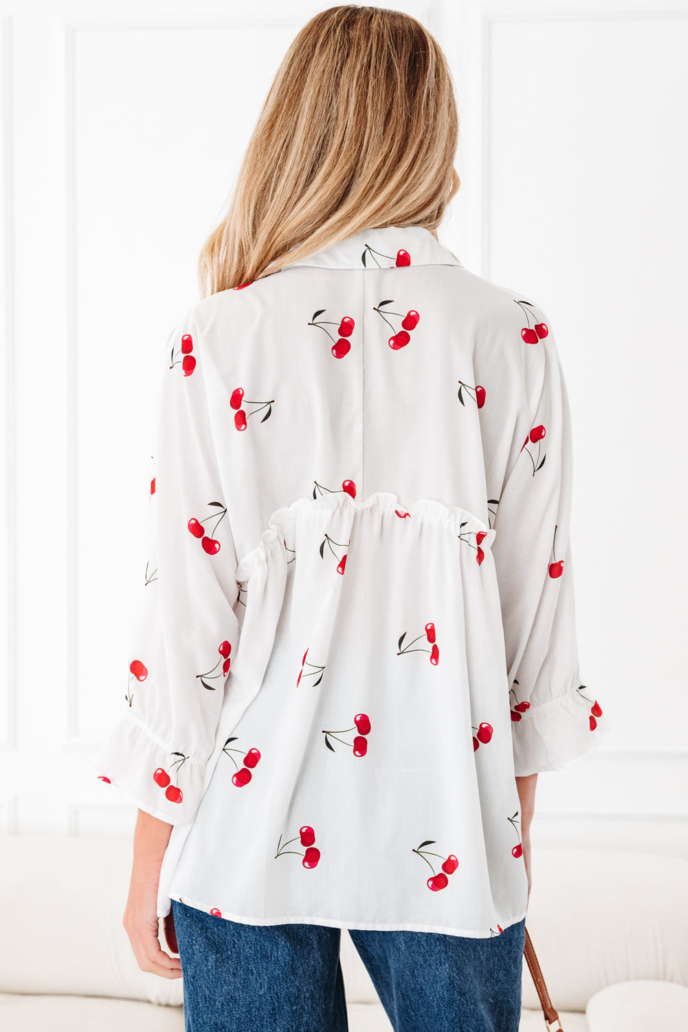 White Cherry Print Flounce Sleeve Collared Frilled Babydoll Blouse