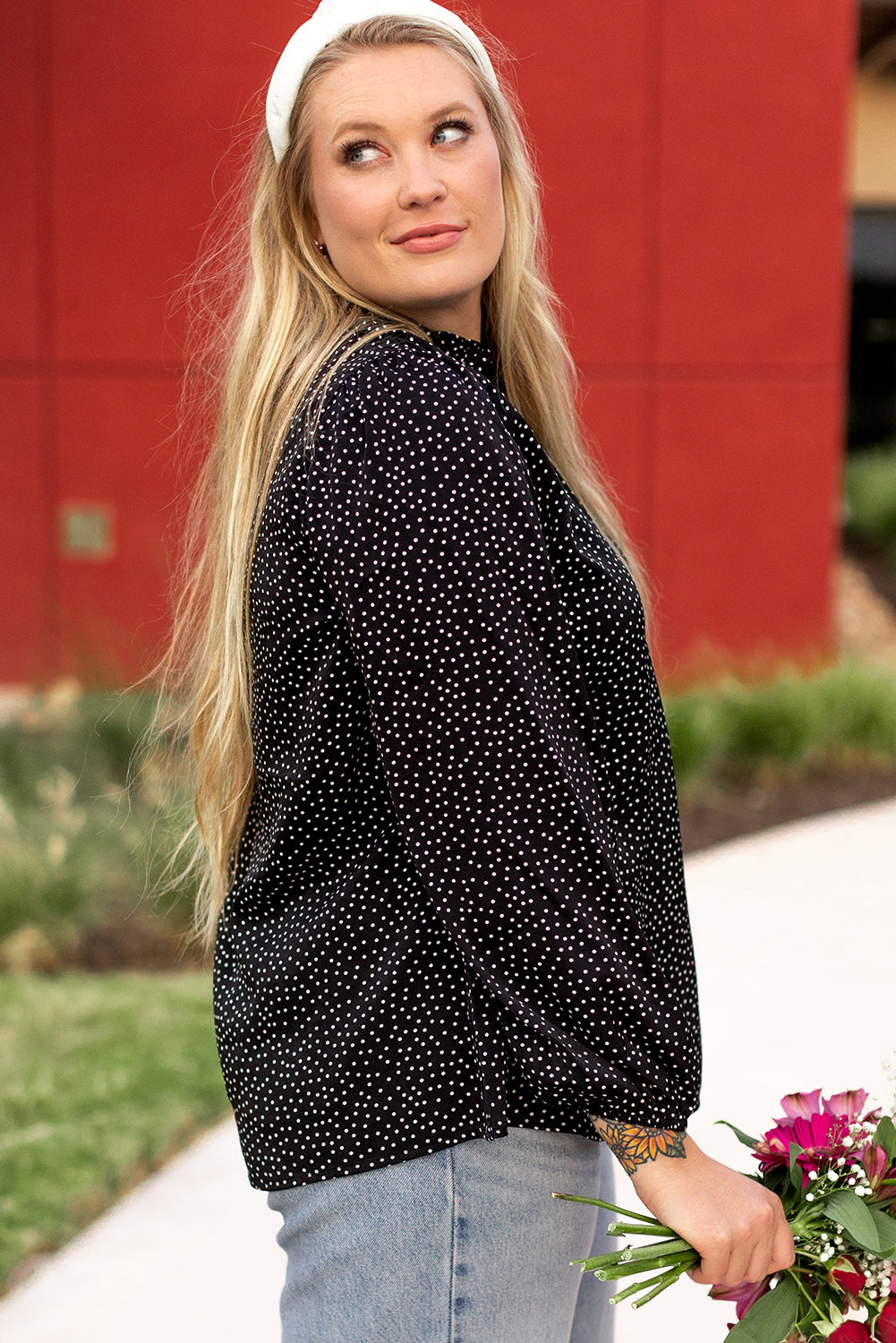 Black Plus Size Polka Dot Print Notch V Neck Blouse