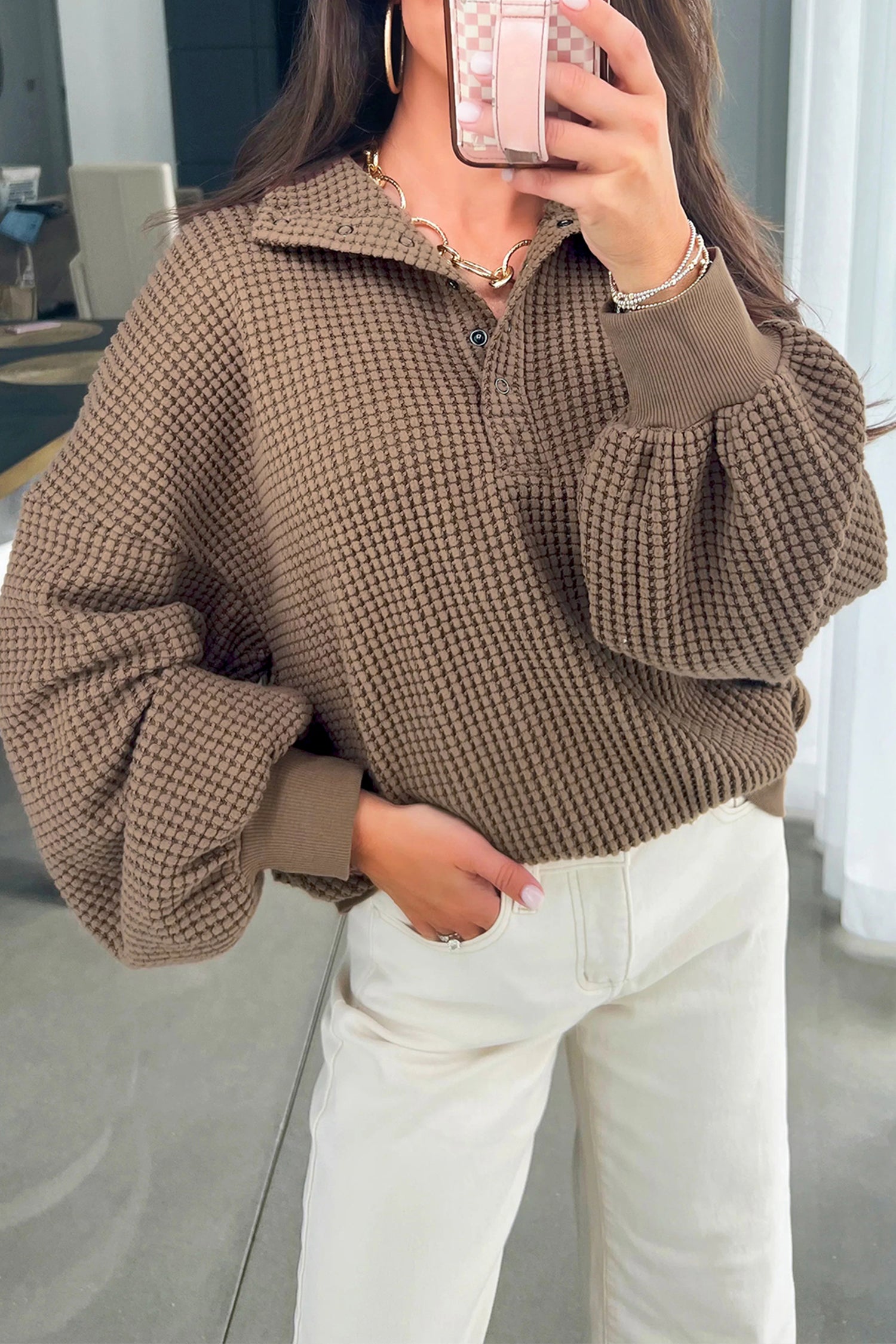 Light Pink Solid Color Textured Snap Button Collared Baggy Top