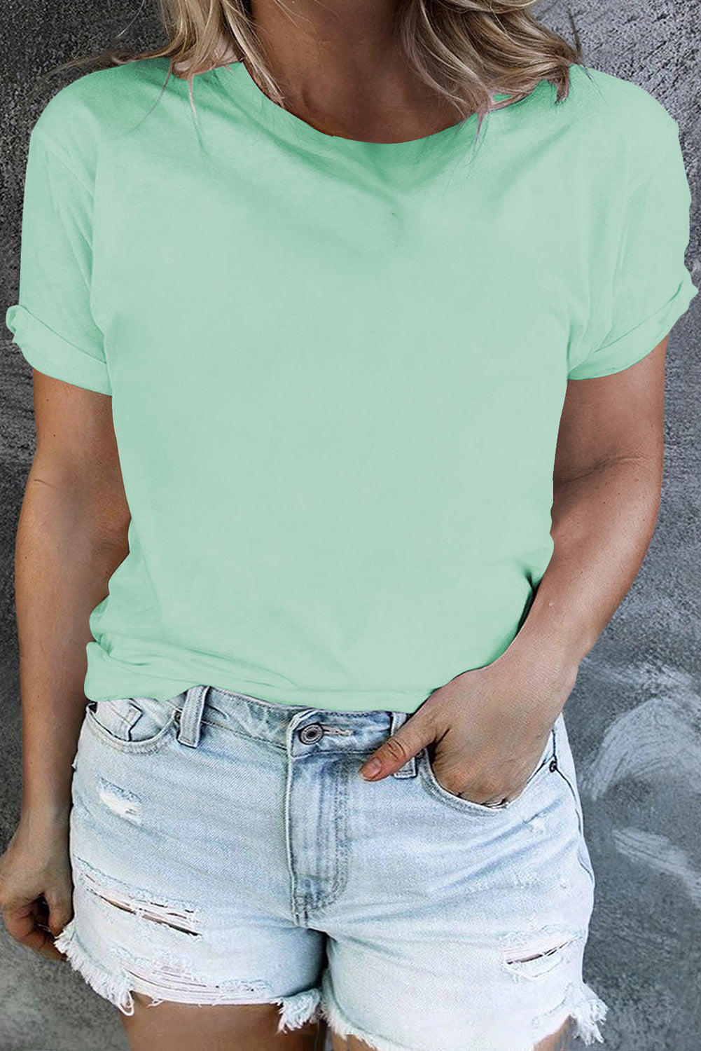 Dark Green Round Neck Rolled Sleeve Plus Size T-Shirt