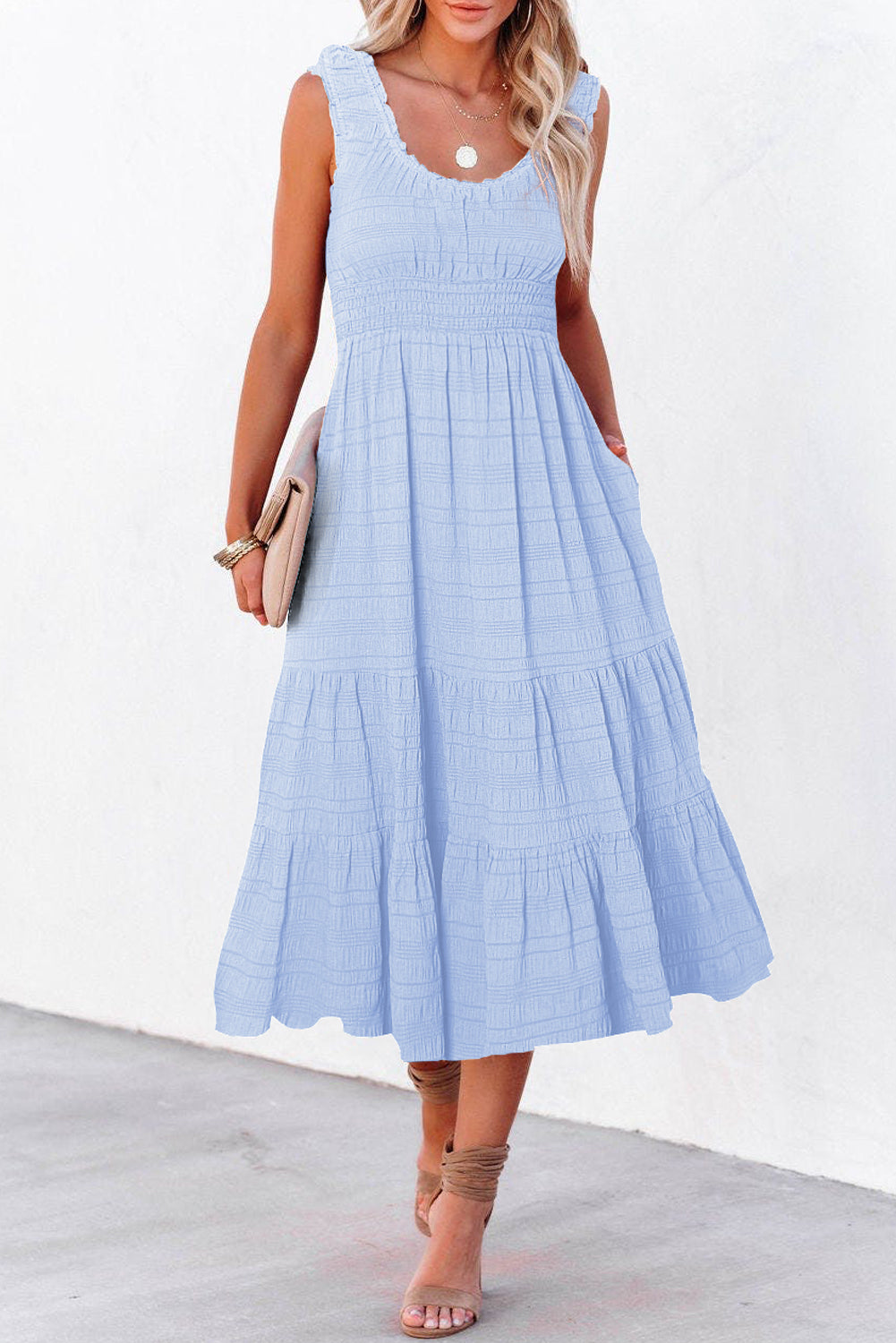 Green Shirred Pleated Square Neck Sleeveless Midi Dress
