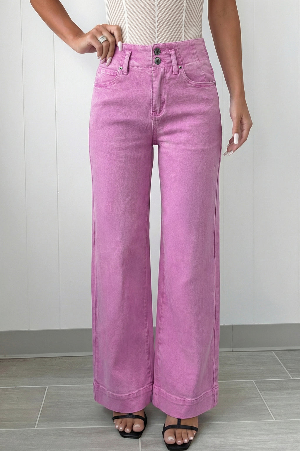 White 2-Button High Waist Wide Leg Jeans