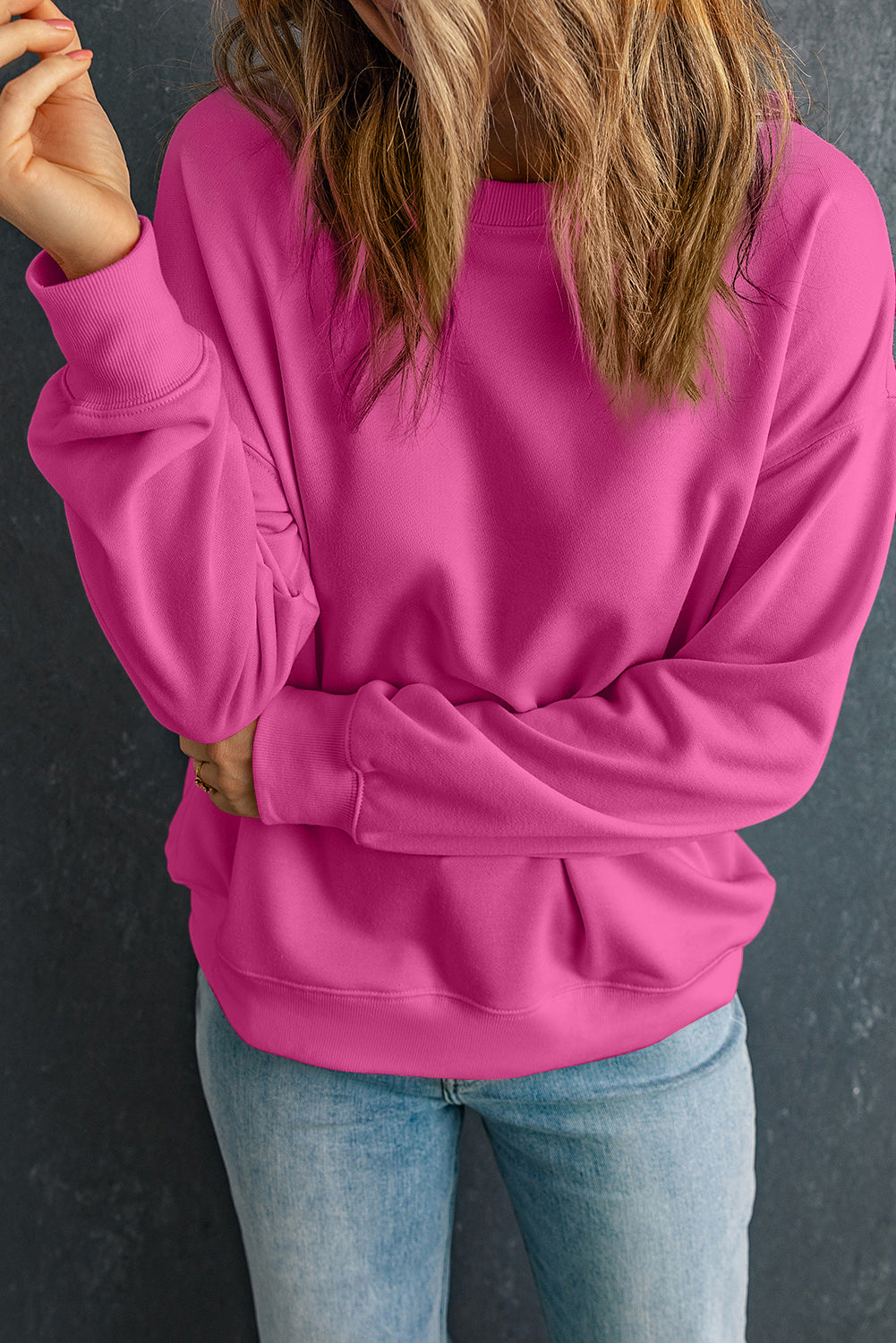 Pink Solid Classic Crewneck Pullover Sweatshirt