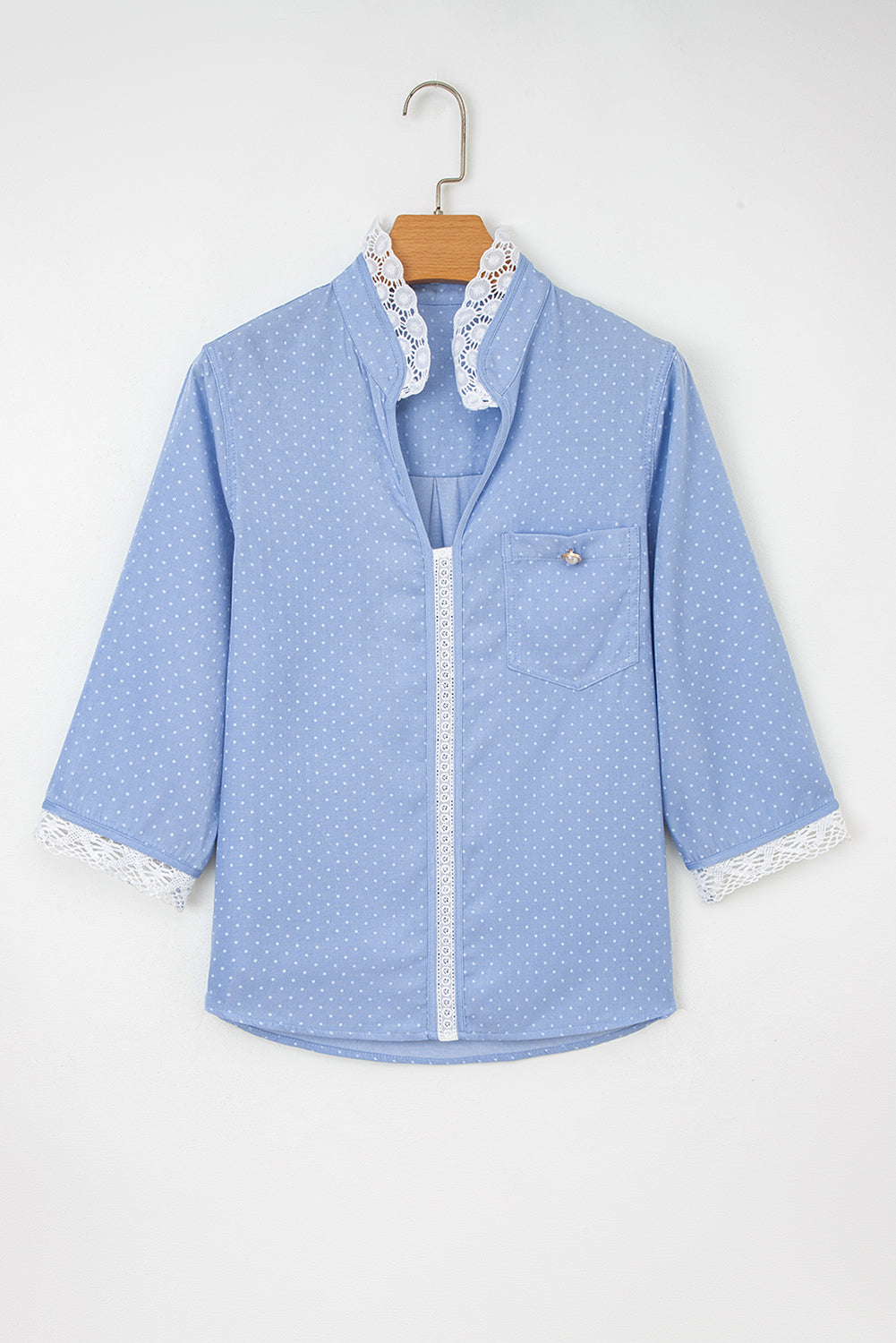 Beau Blue Lace Trim Patchwork Dotted Print Collared Denim Blouse