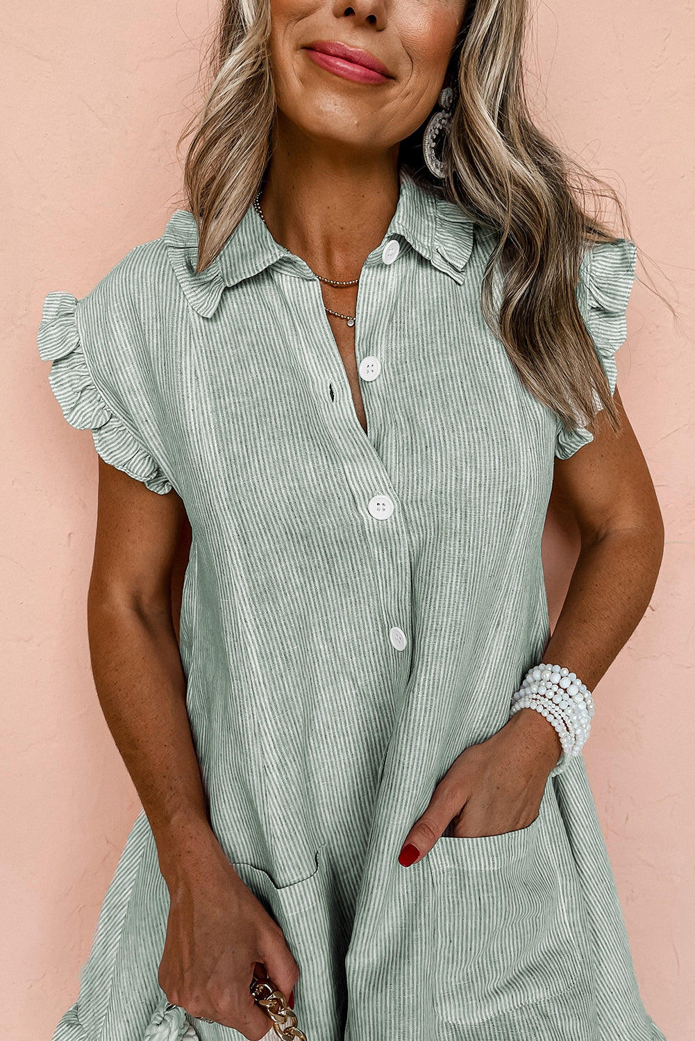 Green Stripe Frilled Sleeveless Collar Front Pocket Button Up Mini Dress